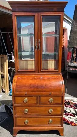 Vintage Hekman Cherry Roll Top Secretary curio display cabinet hutch buffet L29