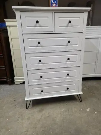 Modern White 6 Drawer Tallboy Dresser with Black Legs