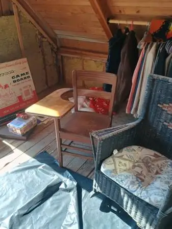 Old school desk with label,tea cart, rocking chair  100 years old, sled,by a