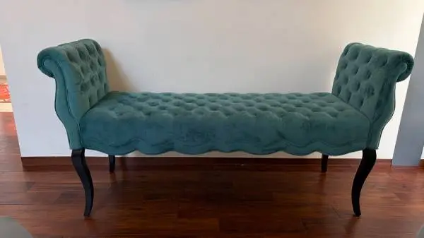 Teal Velvet Chesterfield Style Tufted Bench with Rolled Arms