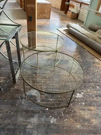 Matching Gold Framed Glass Coffee Tables (36” Dia x 17” Tall)