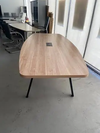 BONFERENCE TABLE BOAT SHAPE HONEYMAPLE WITH BLACK METAL V LEGS 44X96