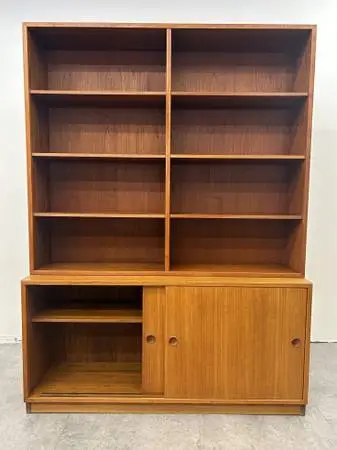 Vintage Scandinavian Teak Credenza Record Cabinet w Bookcase Top