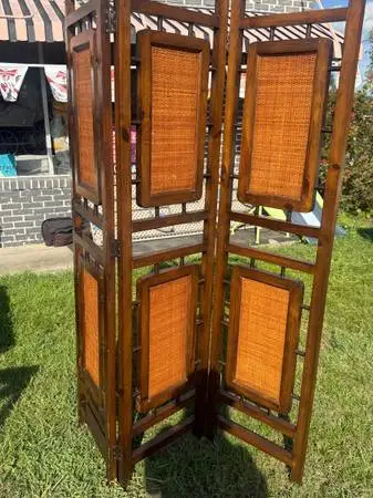 Vintage Solid Wood & Woven Rattan 3-Panel Room Divider Folding Screen