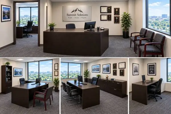 COMPLETE OFFICE SUITE - 4 ESPRESSO WORKSTATIONS & STORAGE CREDENZA