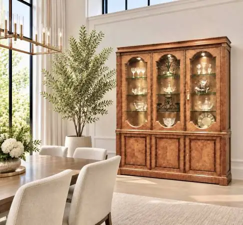 Fabulous art deco burl wood lighted display cabinet. By Portfolio