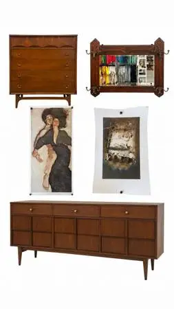 Vintage Mid Century Modern Credenza Dresser Sofa Table Rug Desk Art Painting (Bi