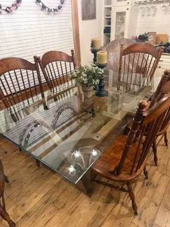 Glass & Wood Dining Table + 6 Reupholstered Windsor-Style Chairs