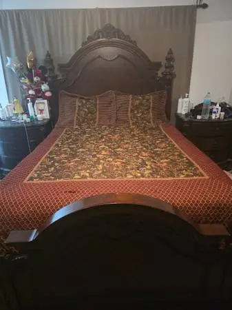 Queen bed headboard footboard side rail night stand mattress