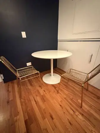 West Elm Dining Table & Cb2 Alpha Brass Dining Chairs