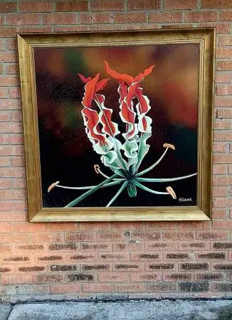 Framed Floral Painting by Hilburn Titled Flame Lily