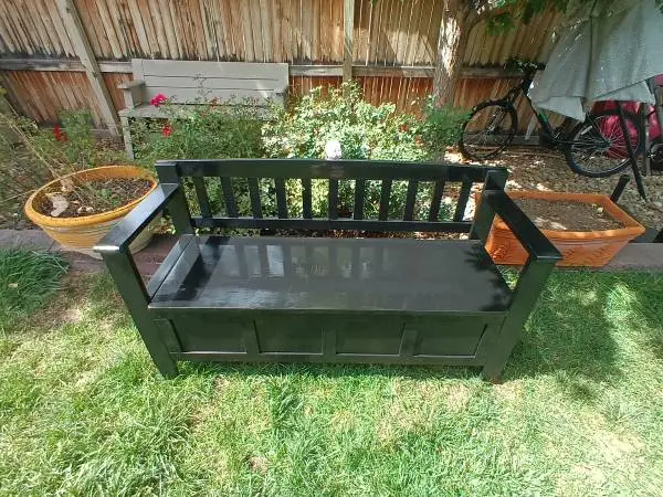 Black 2 Person Wooden Outdoor Storage Bench 46 x 17 x 28 tall