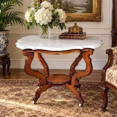 Antique Victorian White Marble Turtle Top Parlor Table | Casters