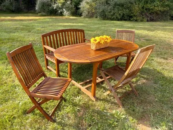 Teak Table W/ Bench & 3 Folding Chairs