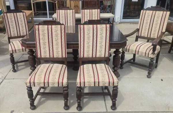 Antique Art Deco Era Solid Walnut Jacobean Style Table and Six Chairs