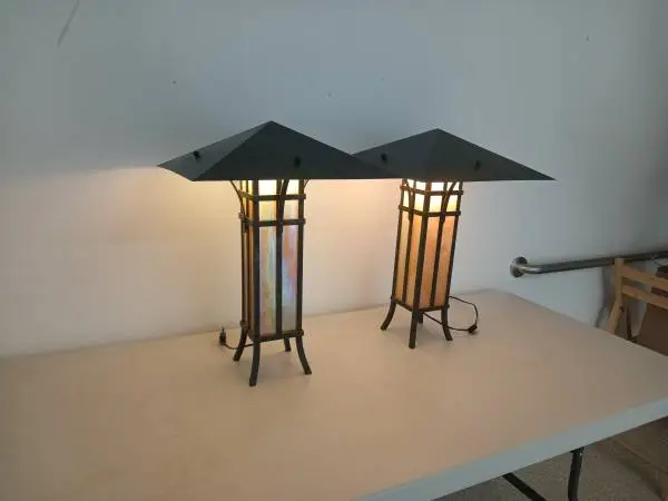 Two handcrafted art deco and lamps.