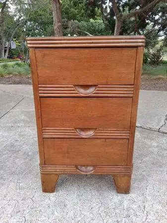 Vintage 1940s Art Deco Solid Wood Three Drawer Ends Table / Nightstand