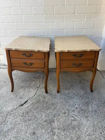 Pair of vintage French Provincial-style marble topwood end tables / nightstands