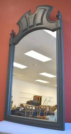 Ornate Dark Green Hardwood Framed Mirror w/ Arched Bonnet Top & Finial