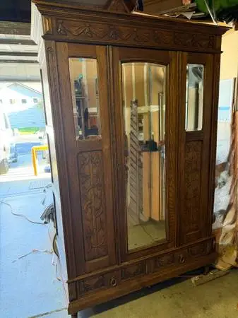 Antique Victorian Eastlake Oak Armoire / Wardrobe – Carved & Mirrored