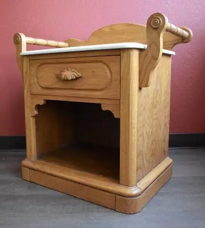 Wooden Marble-topped Nightstand w/ Drawer and Side Towel Bars w/ Finia