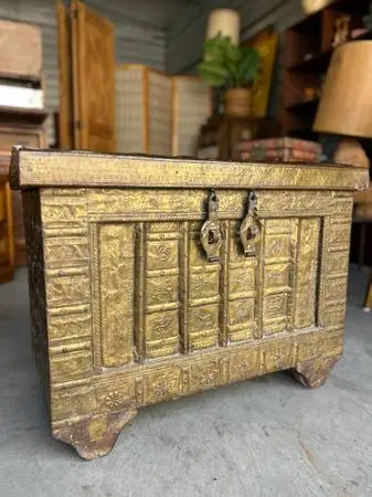 Antique Indian Wooden and Brass Trunk Box with Wheels, Pitara chest, Treasure bo
