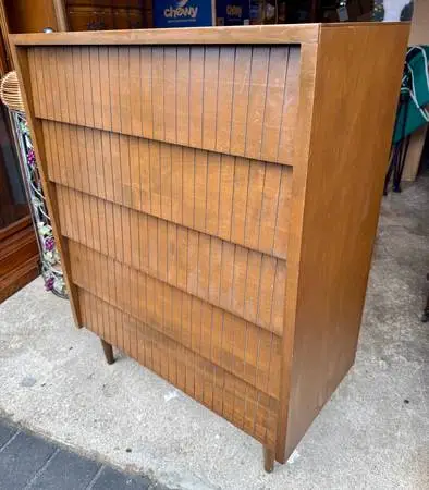 1960s Mid Century Modern Walnut 5 Drawer Tall Dresser
