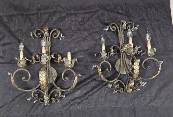 Pair Currey & Co. Bronze Gilt Ornate Wall Sconces with Prisms