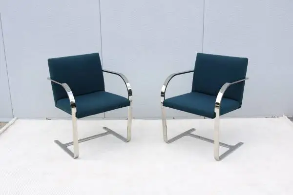 Mies van der Rohe Brno Flat Bar Chairs Blue Fabric by Gordon, a Pair