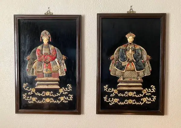 Vintage Chinese Ancestral Portrait Plaques (pair) - Hand Carved Bone