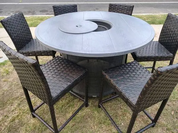 Outdoor patio counter height fire pit table with 6 chairs