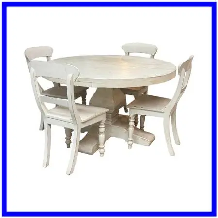 French Country Farmhouse Round Extension Dining Table + Four Chairs Se