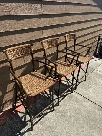 Set of 3 Metal Faux Bamboo and Rope Bar Stools.
