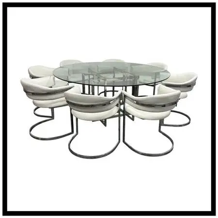 Contemporary Glass Dining Table + Eight White Leatherette Dining Chair