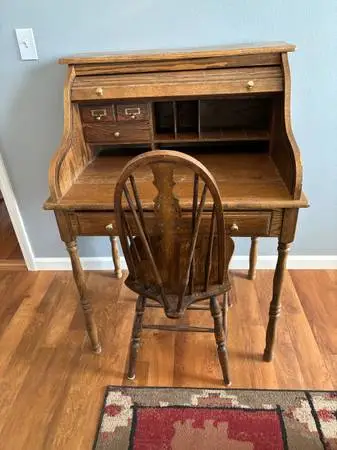 Roll Top Desk and Chair, Older, Good Condition