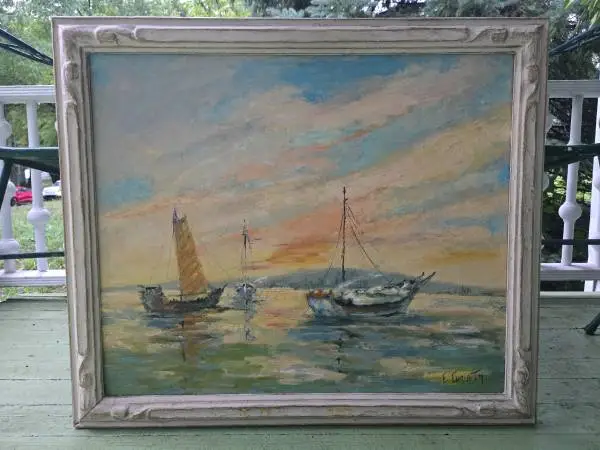 Mid Century Impressionist Painting Hong Kong Boats Claudia Christen
