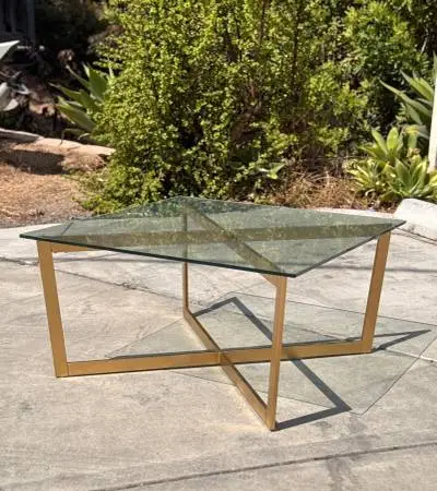 West Elm Mid Century Modern Brass X-Base Glass Coffee Table
