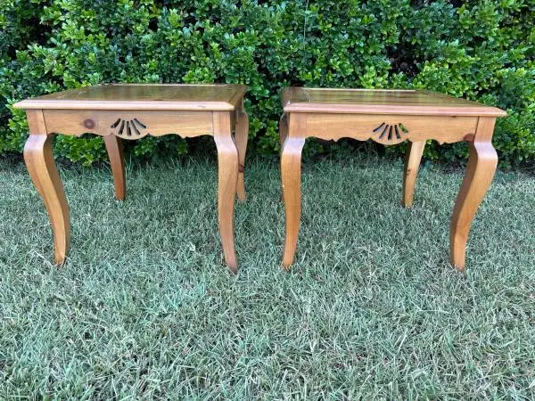 Pair of Vintage French Country Pine End Tables with Scalloped Aprons