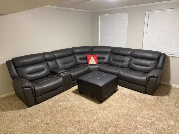 Leather Sectional and Ottoman (Grey)