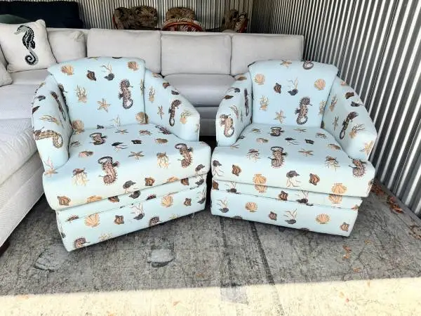 2 Stunning Upscale Robb & Stucky Coastal Sealife Swivel Club Chairs