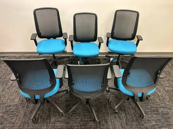 Set Of 6 Allsteel Mimeo Task Chair Blue W/Mesh Back Model ESW-MHNO (MSRP $1200)
