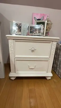 Bed, mattress , night table and dresser with mirror