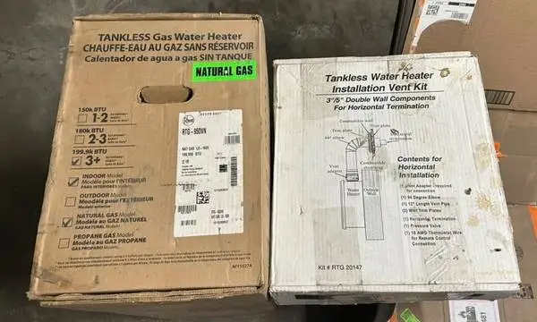 NEW IN BOX Rheem Tankless Water Heater (RTG-95DVN) +Vent Kit RTG20147