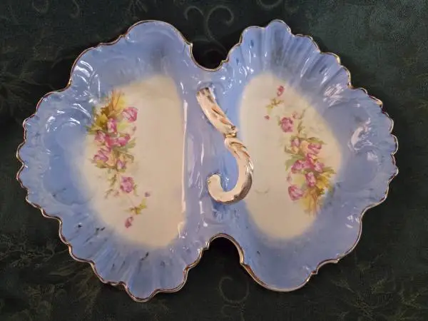 ANTIQUE PORCELAIN RUFFLED DIVIDED DISH w/ HANDLE, GOLD GILT, #3138, 13