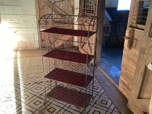 FOLDABLE SHELVING UNIT…NICE SHAPE..WICKER/ STEEL