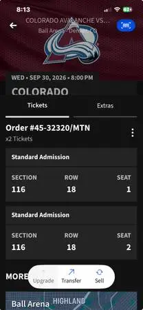2 Colorado Avalanche Tickets 9/30