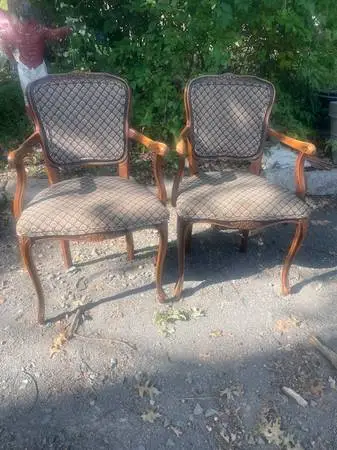 Pair of cherry French style upholstered arm chairs