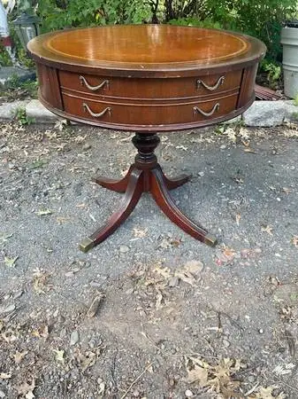 Vintage leather top mahogany pedestal drum table