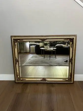 49x39 Extra Large Vintage Crackled Cream Ivory & Gold Ornate Beveled Wall Mirror