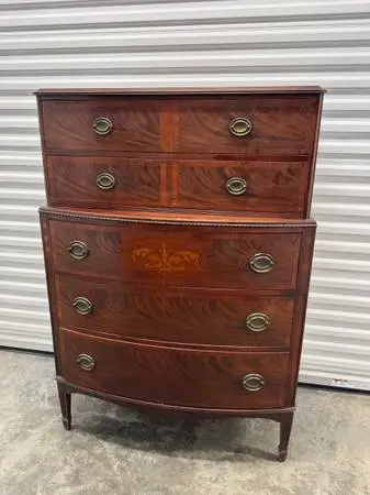 Vintage flame mahogany 5 drawer bow front dresser